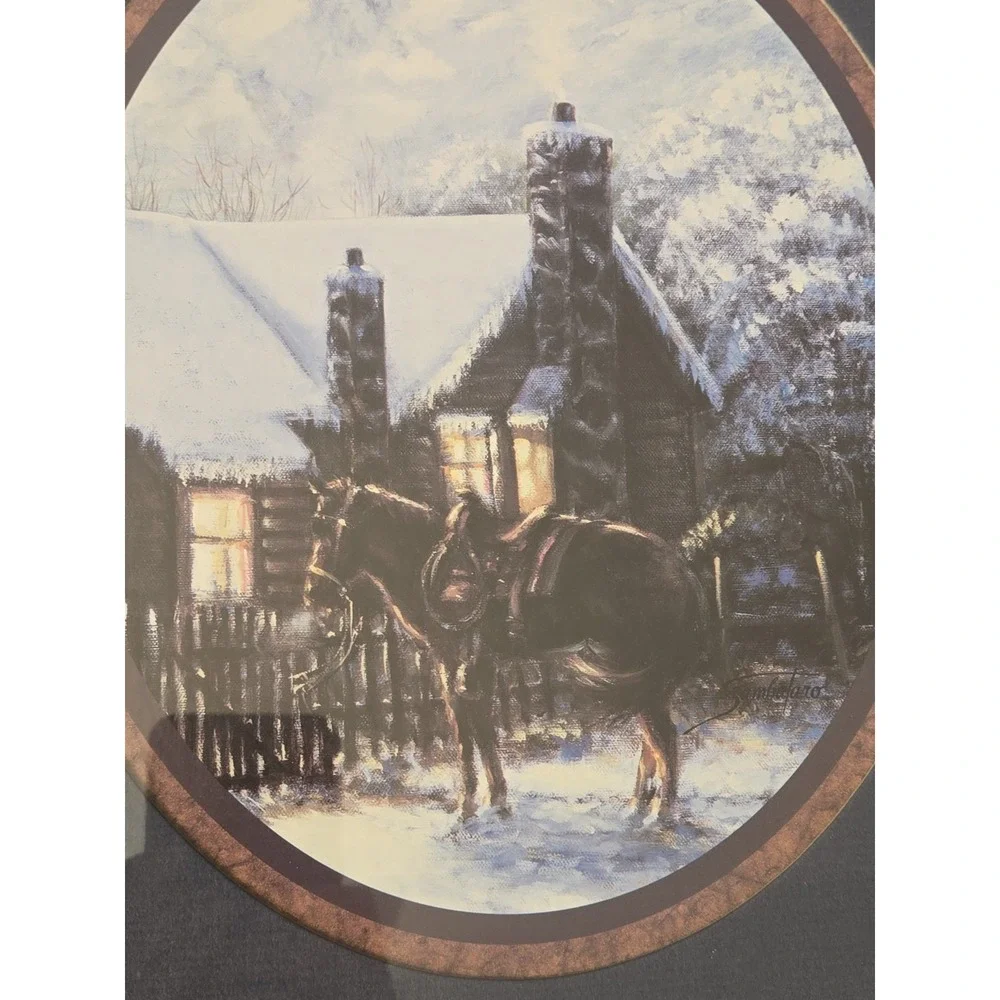 Joe Sambataro Framed Matted Lithograph Horse Winter Cabin Scene 15